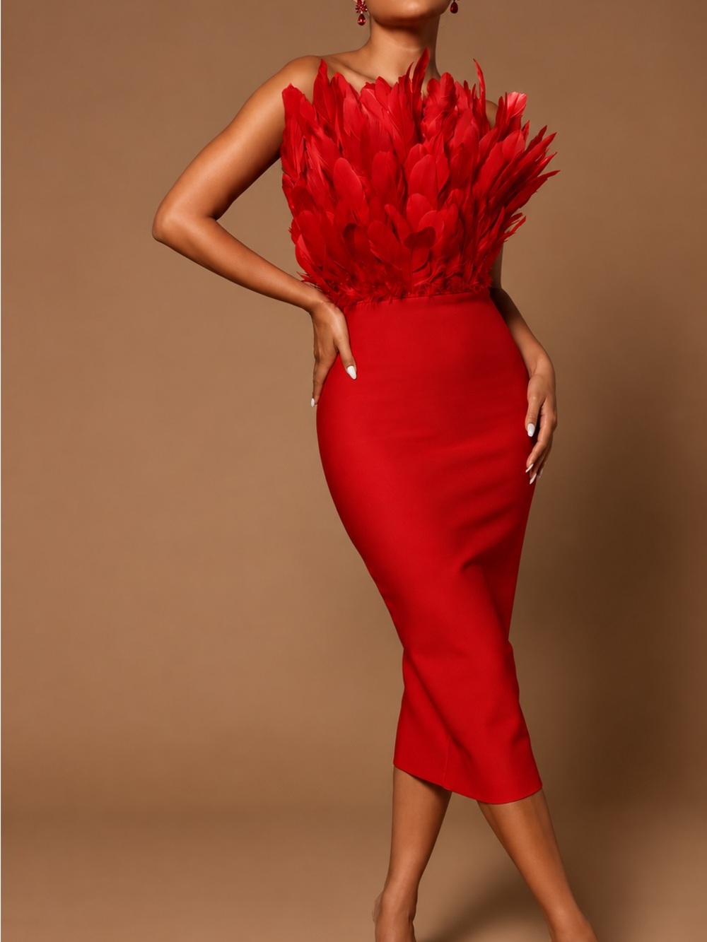 Fashion Nova Red Feather-Trim Midi Dress
